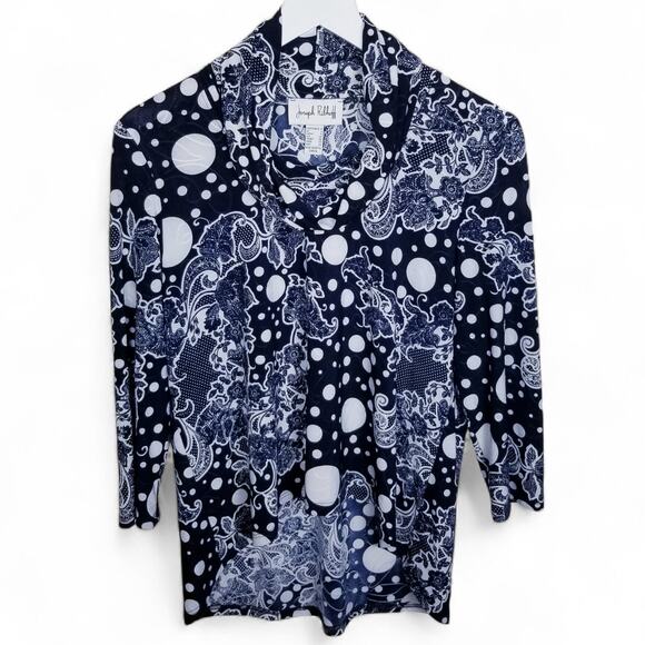 Joseph Ribkoff Textured Cowl Neck Top Navy White Dots w/ Floral - Size 6 - Picture 1 of 5